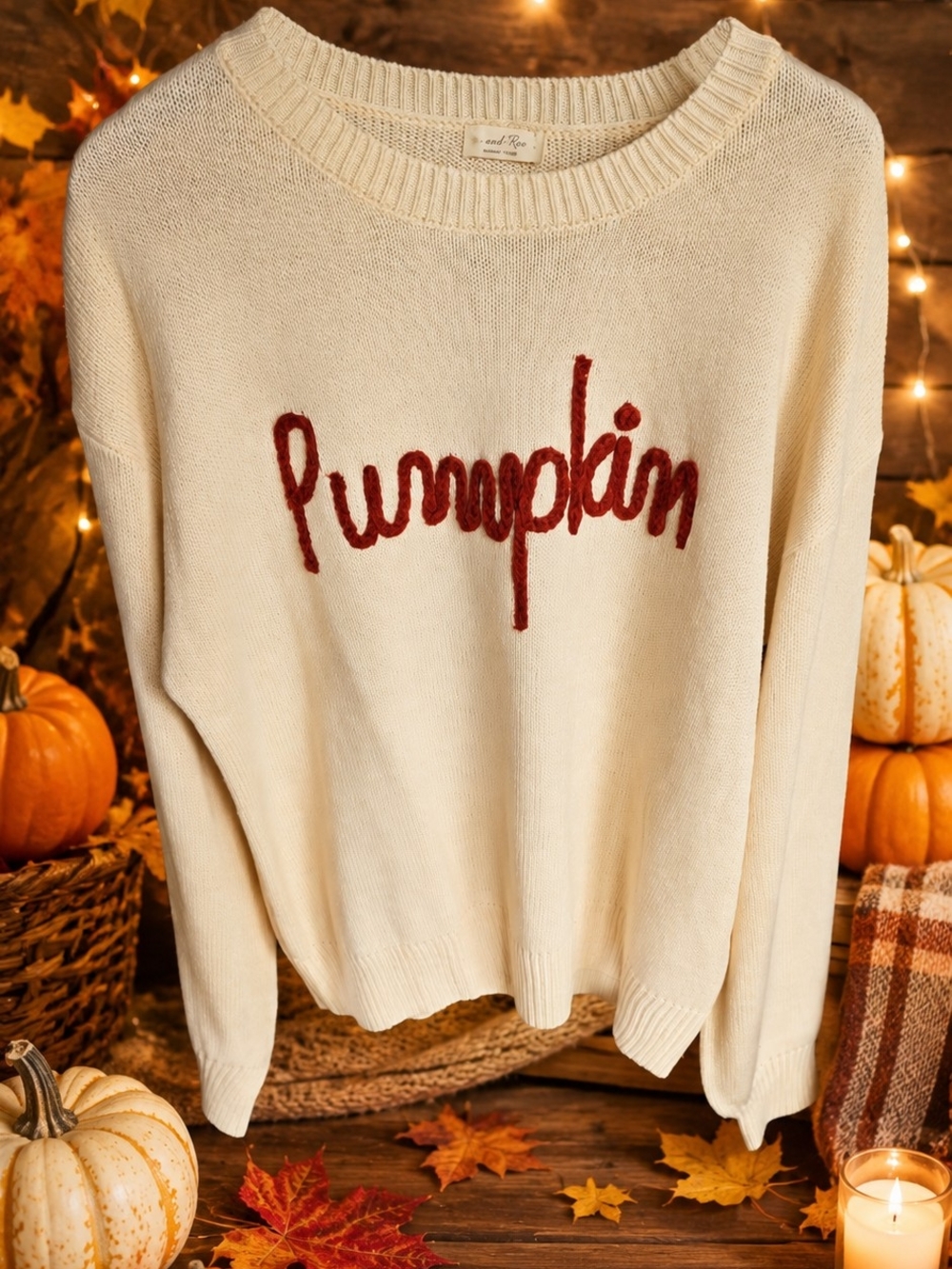 Cozy Cream Crewneck Sweater with Rust 'Pumpkin' Embroidery Fall, Cottagecore - Picture 2 of 7